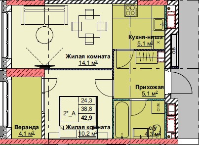 ЖК Каштановый двор, 2-комн кв 42,9 м2, за 9 867 000 ₽, 20 этаж